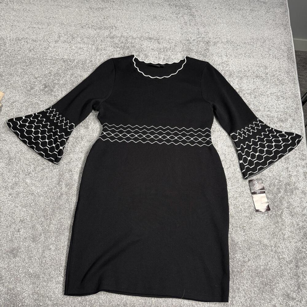 Nina Leonard Sweater Dress Womens XL Black White Geometric Bell Sleeve Knit
